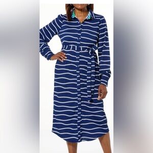 TWRHLL by Christie Brinkley Navy Rope Stripe Shirt Dress Tie Waist Size PL